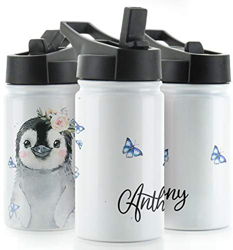 Hairyworm Personalised Water Bottle, 350ml White Sports Flask with Straw Cap Flip Lid, Stainless Steel, Customised with Initial/Name, Grey Penguin Blue Butterflies Design Print