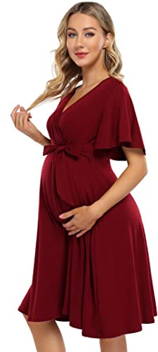 KOJOOIN Robe de maternité pour femme - Robe d'allaitement - Manches 3/4 - Col en V, Bordeaux, L
