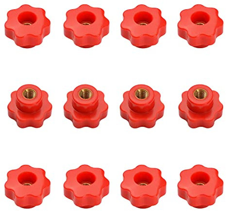 MOROBOR Manopola a stella M6 con filettatura zigrinata, in plastica rossa, set di fori passanti in ottone femmina, confezione da 12, manopola di serraggio con maniglia a vite per uso di