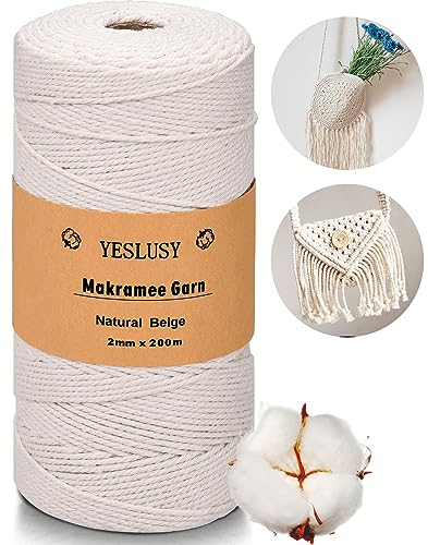 YESLUSY Premium Makramee Garn (Naturell) | 2mm x 200m | 100% Baumwolle | für DIY Handwerk