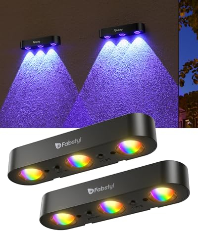 FabStyl Solar Wandleuchte Aussen, 2 Stück RGB Solarlampen für Außen Garten, Farbe Synchron ändern,Wasserdicht IP65,Projektorlampe 10 Beleuchtungsmodi für Gartendekoration wand Pfad Veranda Zaun