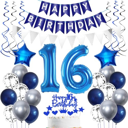 Crazy-M 16. Geburtstag Junge Deko Set - Blau Silber Geburtstagsdeko mit Ballons, Banner, Tortendeko & Hängedeko