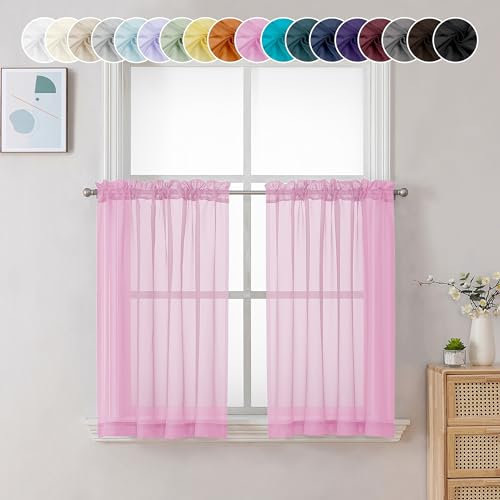 Chyhomenyc Durchsichtige rosa Stufen-Vorhänge, 61 cm Länge, kleine Fenstervorhänge, Behandlung für Badezimmer, Wohnzimmer, Keller, Kurze Stangentasche, Café-Vorhänge, 106 x 61 cm, 2 Paneele