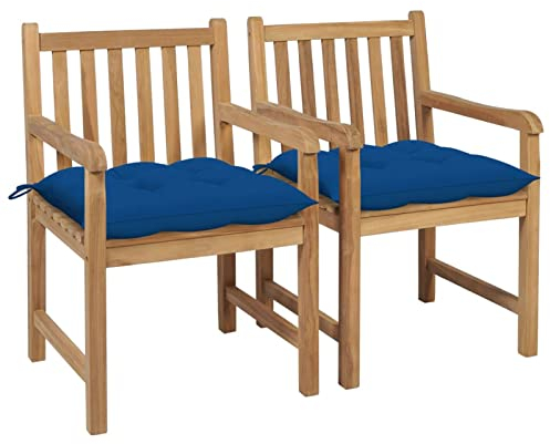 Camerina Gartenstühle 2 STK. mit Blauen Kissen Massivholz Teak Gartenstuhl Stapelbar Bistrostuhl