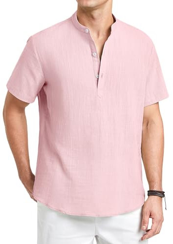 Enlision Mens Pink Linen Shirts Short Sleeve Grandad Shirt Casual Holiday Summer Henley T Shirts Lightweight Collarless Beach T-Shirt Tops 3XL