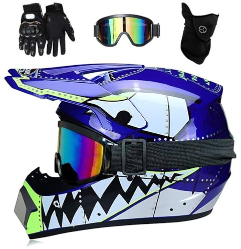 Erwachsene Motocross Helm Satz, mit Handschuhe Brille Maske, Jugend Kind Volles Gesicht MTB Offroad Motorrad Gehen Sie Kart Fahren Absturz Helm, ATV MX Bergab Quad Dirtbike Enduro Rennen Helm (Color