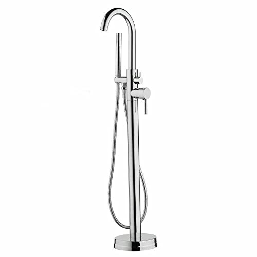 KEESUNG Grifo de bañera independiente, grifo de pie, grifo de bañera, ducha de mano, grifo de tiempo, suelo de pie, giratorio 360°, grifo de caño