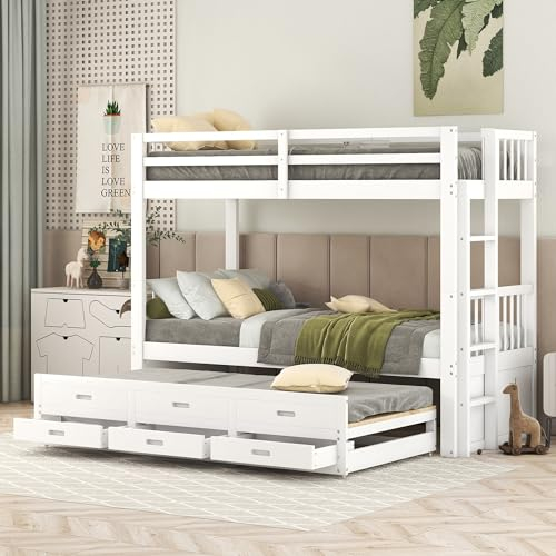 Kehun Kinderbett Etagenbett 90x200 für 2-3 Kinder, Hausbett Hochbett mit Ausziehbares Rollbett und 3 Stauraum Schubladen, Bett mit Rausfallschutz und Leiter, Lattenrost aus Holz, Weiß, Ohne Matratze