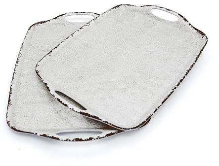 TP Serving Trays with Handles, 17 Inch Large Rectangular Melamine Serving Platter Set of 2, Rustic White