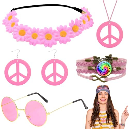 5 Stück Hippie Accessoires, Hippie Kostüm Set mit Sonnenblumen-Stirnband Hippie Brille Armbänder Friedenszeichen Halskette Ohrring per Damen 60er 70er 80er Party Fasching Karneval(Rosa)
