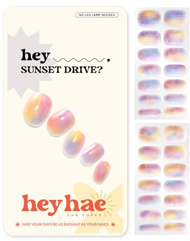 Heyhae Semi Cured Gel Nail Strips - Hey, Sunset Drive? | Pink Marble | Sun Cured No UV Light Needed, Salon Quality, Easy Apply & Remove | 28 Strips, Prep Pad, Nail File, Wooden Stick