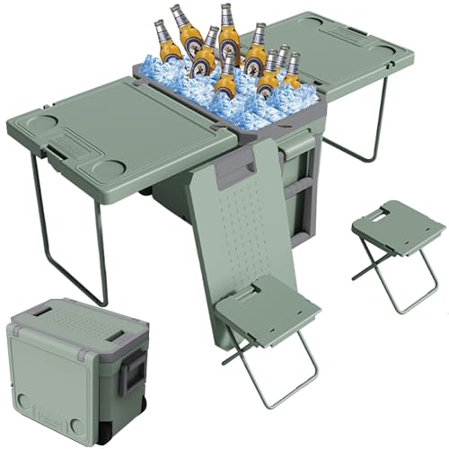 Nevera de camping pasiva de 32 l con ruedas para tirar, nevera 3 en 1, sin electricidad con mesa y taburete, caja térmica portátil para camping, picnic, exterior coche
