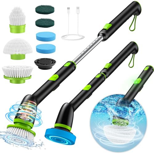Upgraded Electric Cleaning Brush, IPX7 Full-body Waterproof Electric Spin Scrubber with 2 Speeds, Adjustable Long Handle & Replaceable Brushes, Cleaning Tool for Tub Car Bathroom Shower Floor Tile