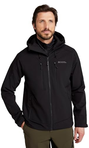 Mountain Warehouse Radius Softshell-Jacke für Herren - Wasserabweisend, atmungsaktiv, verstellbare Regenjacke mit Kinnschutz - Frühling Sommer, Spazieren, im Freien Schwarz X-Small
