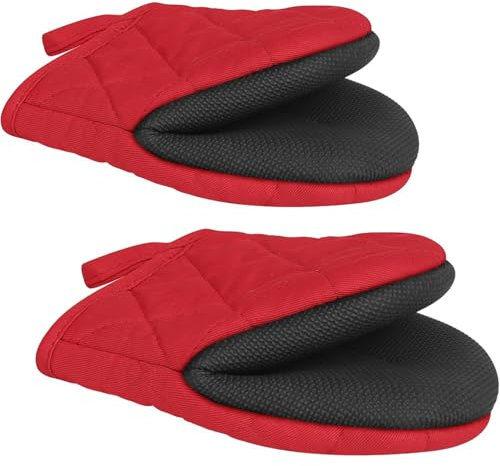 1 Pair Short Oven Mitts, Heat Resistant Silicone Kitchen Mini Mitts for 500 Degrees, with Non-Slip Grip Surfaces and Hanging Loop, Oven Gloves for Grilling Barbecue Microwave Machine (Red)