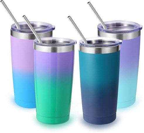 Volhoply 20oz 550ml Travel Insulated Tumbler with Lid and Straw Bulk 4 Pack, Double Wall Stainless Steel Coffee Mug Fits Cup Holder,Powder Coated Cup for Hot & Cold Drinks, BPA Free（Assorted,4 Set）