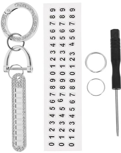LIFKOME Rhinestone Keychain with Anti-Lost Number Pendant Stylish Silver Car Key Ring for Women and Men Decorative Bag Charm Durable Stainless Steel