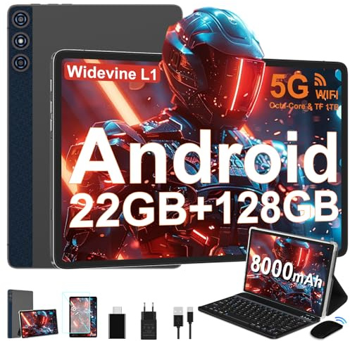 DMOAO Tablet Android 14 con 22GB RAM+128GB ROM(1TB TF, Tablet 10 Pollici con Widevine L1, Octa-Core 2.0GHZ, 5G Wi-Fi, GPS, 8000mAh, 8MP+5MP, Bluetooth 5.0, USB-C,Tastiera, Marrone