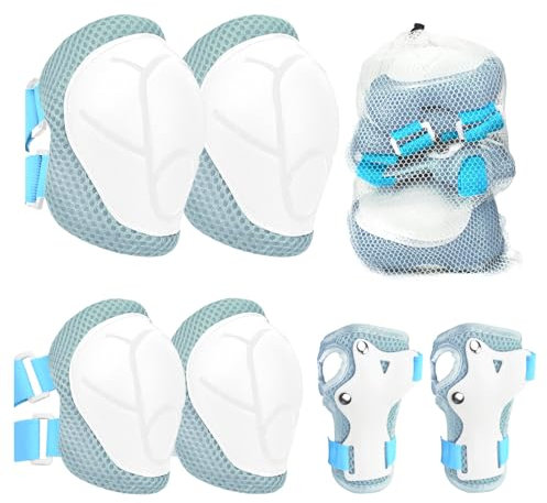 Knieschoner Kinder, 6 in 1 Schoner Inliner Jungen und Mädchen Ellenbogenschützer Set mit Handgelenkschutz für 3-8 Jahre alte Kleinkinder beim Skaten Radfahren und Skateboards (Blau Weiß)