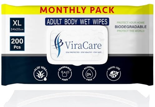 200 Biodegradable Adult Wipes - Intimate & Body Wipes With Aloe Vera | Extra Large Size 34 x 20 cm