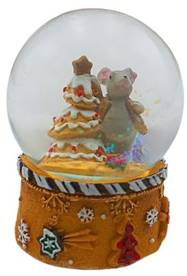 Schüttelkugel, Glaskugel Weihnachten, Weihnachtkugel, Schneekugel als Maus mit Torte und Lebkuchensockel mit vielen kleinen Details in braun, Maße H/B/Ø Kugel: ca. 9 x 7 cm/Ø 6,5 cm.