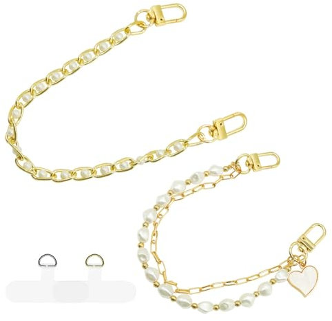 2Pcs Phone Wristlet Strap Decoration, Gold Pearl Heart Wristlet Strap Phone Chain Wristlet Decor Phone Charms Strap Wrist Lanyard, Chain Cell Phone Wrist Strap for Phone Case Wallet Camera Supplies