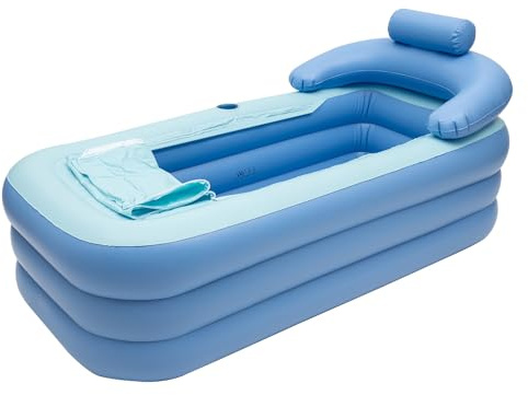 Aufblasbare Badewanne,PVC Faltbare Badewanne für Erwachsene& kinder mit Rückenlehne,Tragbare Inflatable Bathtub mit Kissen&Abflussrohr(ohne Pumpe) für Home Pool-Badezimmer, 150x80x75cm,Blau