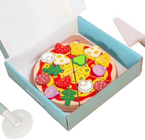 Holzspielzeug Pizza Set - Realistisches Spielessen mit Toppings, Fantasy-Küchenzubehör für Kinder | Lernspielzeug für 3-Jährige, Spielset für und Mädchen, Obst