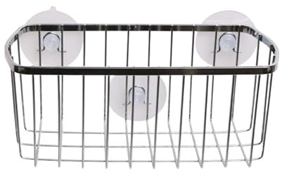 Bathroom Suction Shower Caddy Metal Basket Shower Organiser No-Drilling Suction Cup Deep Rectangular Storage Basket for Bathroom & Kitchen Stainless Steel Self-Draining Shower Storage Solution