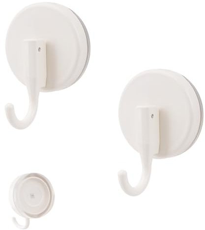 KINDPMA 2PCS White Suction Hooks for Bathroom Suction Cup Hooks Plastic Waterproof Shower Hook Suction Towel Holder for Shower Kitchen Hanging up to 11lbs