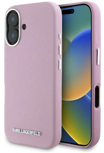 CG MOBILE Karl Lagerfeld Saffiano Full Wrapped Elongated Metal Logo Hülle für iPhone 16 kompatibel mit MagSafe (Rosa)