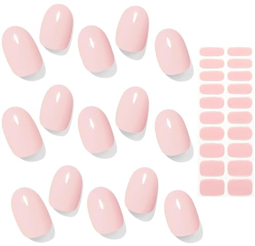 Semi Cured Gel Nail Strips (Jelly Pale Beige), 16pcs Pink Nail Wrap, For Salon Quality Manicure, Self-Adhesive Waterproof Gel Nall, UV/LED Lamp Required