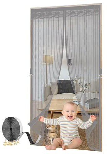 ZHIYIN Rideau Moustiquaire Porte 90x200cm, Moustiquaire Porte Coulissante Respirant Moustiquaire Porte Battante Bande Magique Plein Cadre Convient aux Tout Portes et Fenêtres, Gris