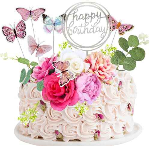 Gyufise 22Pcs Flower Cake Toppers Butterfly Cake Decorations Happy Birthday Cake Toppers Artificial Pink Rose Flowers Eucalyptus Butterflies for Girls Birthday Party Wedding Supplies Rose Red