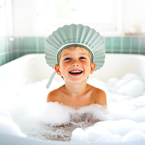 FUSACONY Kinder Duschhaube – Augenschutz Haare Waschen Kinderschutz – Verstellbarer Baby Shampoo Schutz – 22 Einstelllöcher für Kinder ab 6 Monaten bis Erwachsene (Staubblau)