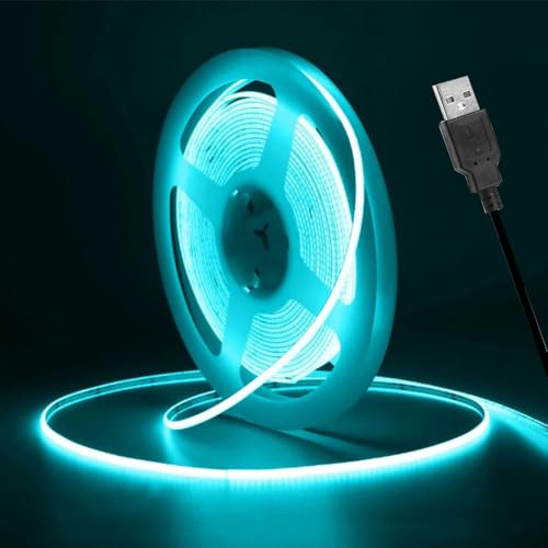 Vrabocry COB LED Streifen 16.4ft 5V USB LED Strip Eisblau 3mm Breite 400 LEDs/m Lichtleiste LED Band Selbstklebend Stripes für TV Hintergrundbeleuchtung DIY Dekorative Beleuchtung