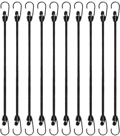 GECOSAC 10 Mini-elastische Spanngurte mit Haken, 24 cm, dehnbarer Gurt für Camping, Planen, Basteln – Durchmesser 4 mm, Schwarz