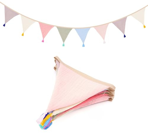 jijAcraft Wimpelkette Kinderzimmer mit Quasten Bunt: 2,8m Stoff Wimpelkette Musselin Doppelseitig Girlande Kinderzimmer Stoffgirlande Junge für Hausbett, Babybett,Kinderbett