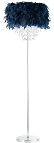 Happy Homewares Modern and Chic Real Midnight Blue Feather Chandelier Style Floor Lamp with Waterfall Clear Acrylic Droplets | Chrome Metal Base and Stem
