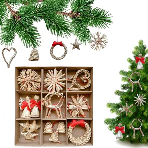 Straw Decoration Set Nordic Christmas Decoration, Star Snowflake Heart Angel Flower Ring Goat, Denmark Norway Nordic Straw Ornaments，Christmas Tree Ornaments (26Pcs)