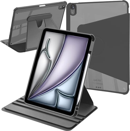 Newbillion Rotierende Hülle für iPad Air 11 Zoll M3/M2 (2025/2024), iPad Air 5/4 (2022/2020) mit Stifthalter, 360 Grad Drehung Schutzhülle Ständer, Transparente Stoßfeste Rückseite, Schwarz