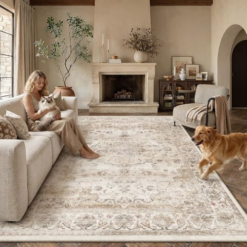 PureCozy Waschbarer Teppich Wohnzimmer 200x300cm Vintage Tepich,Beige | Weich Kurzflor Groß Carpet, Rutschfest, Leicht, Schlafzimmer, Esszimmer, Büro, Kinderzimmer