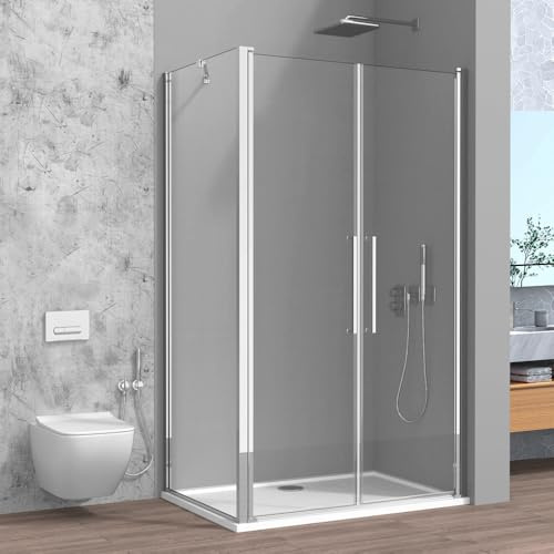 Box Doccia Angolare 90x80 Con Apertura Saloon In Vetro Temperato Trasparente E Profili Cromati - Linea Neos - H 195 Cm E Spessore 6Mm