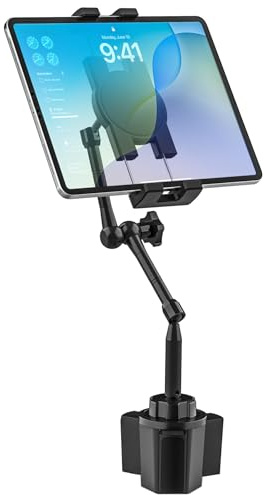 Auto Tablet Halterung Getränkehalter mit 360° Verstellbarer Langer Arm | Metall iPad Halter KFZ LKW Becherhalter Tablethalterung mit Aluminiumarm für Tablets, Handys, iPad, Galaxy Tab, iPhones