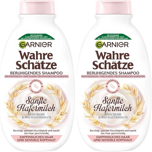 Garnier Wahre Schätze Beruhigendes Shampoo Sanfte Hafermilch für empfindliches Haar und sensible Kopfhaut; 250 ml (Packung mit 2)