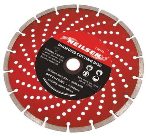 Neilsen CT0128 230mm Segmented Diamond Cutting Disc 22mm Bore 80mm Cutting Depth 6600rpm General Purpose