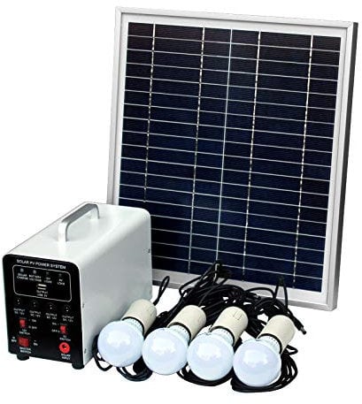 15W Off-Grid Solar Lighting System with 4 LED Lights, Solar Panel, Battery and Cables - Complete Solar Lighting Kit