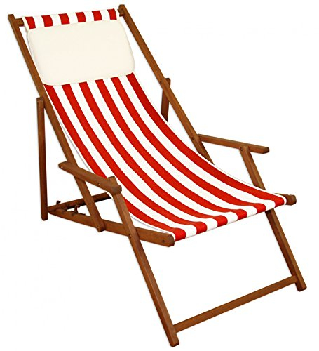 Erst-Holz Strandstuhl rot-weiß Gartenstuhl Deckchair Buche Natur Relaxliege Sonnenliege Kissen 10-314 KH