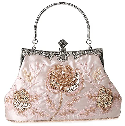 DA BODAN Vintage floreale perline strass ricamo pochette paillettes matrimonio festa ballo borsa sposa donna crossbody sera borsa, Colore: rosa., 22cm*21cm