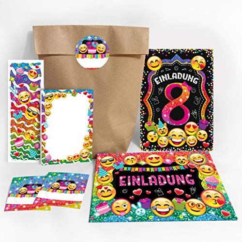 JuNa-Experten 12-er Set Einladungskarten zum 8. Geburtstag für Mädchen – Einladungen zum Kindergeburtstag inkl. Umschläge, naturfarbene Partytüten, Aufkleber, Lesezeichen & Notizblöcke